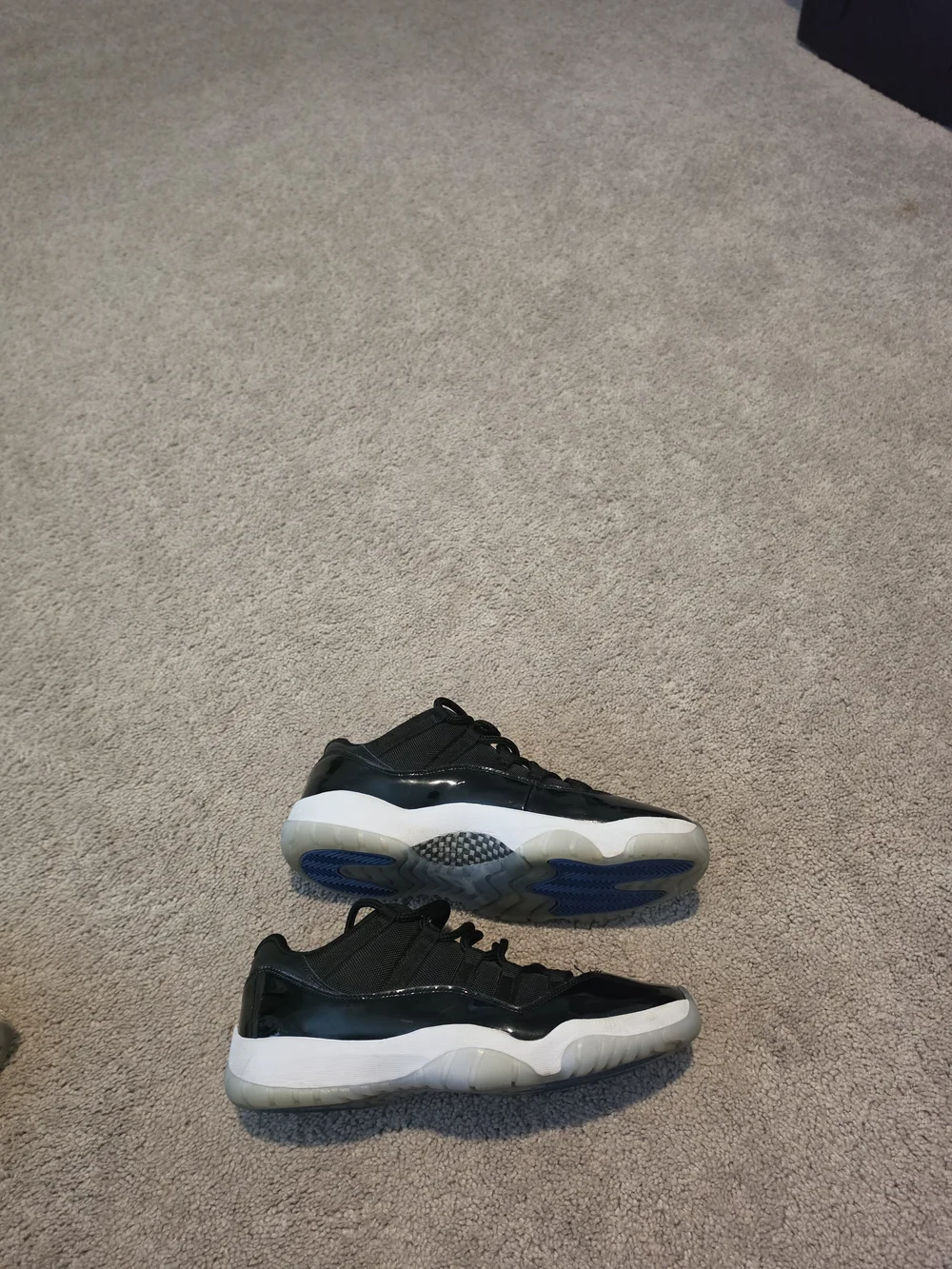 Jordan Men’s Low-Top Patent Leather Basketball Sneakers in Black and White